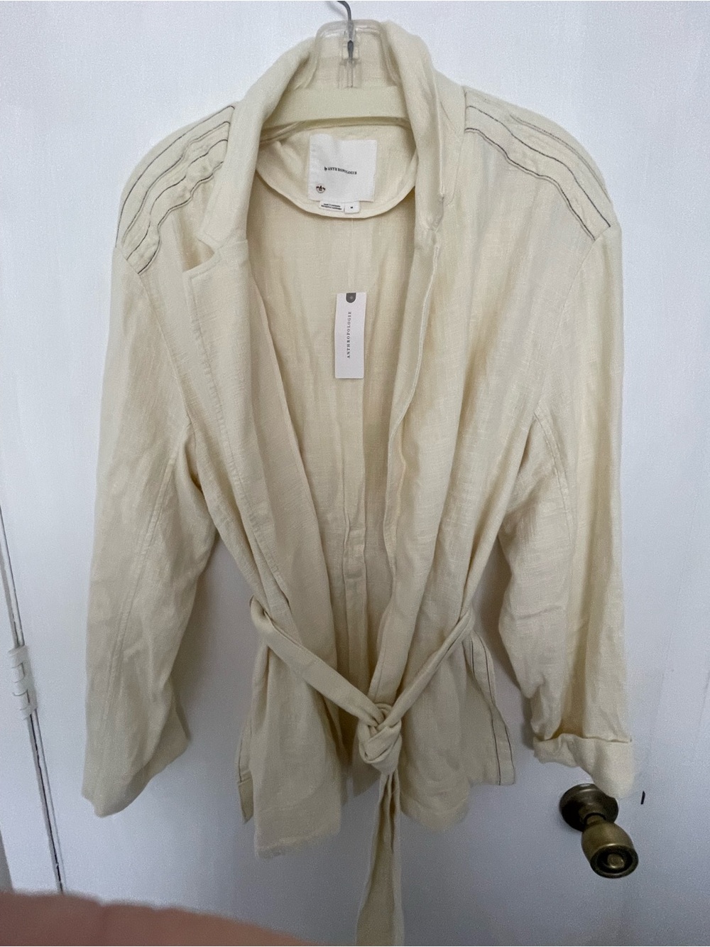 Anthropologie Cream Tie-Waist Linen Blazer